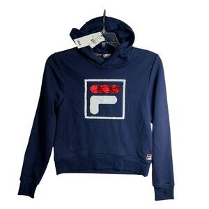 Fila Girl's Hoodie Large Navy Red White Sequin Flip Logo Sweatshirt‎ NWT
